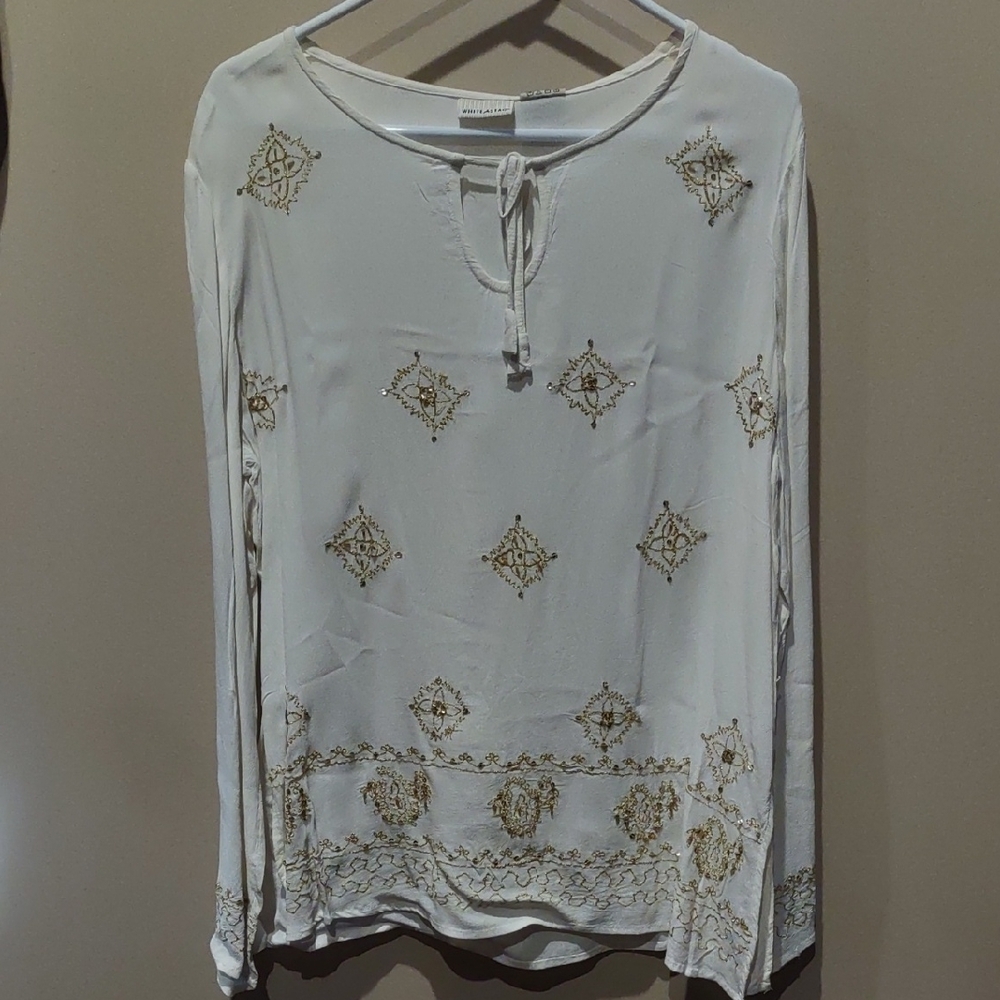 White And Gold Long Sleeve Poet Top Blouse Bling, 14, Nwt